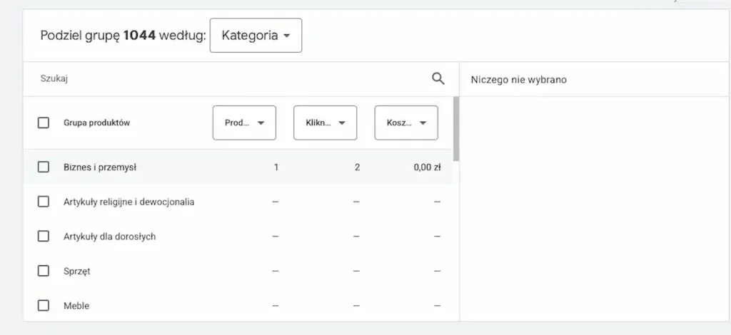 Wybór produktów z Google Merchant Center
