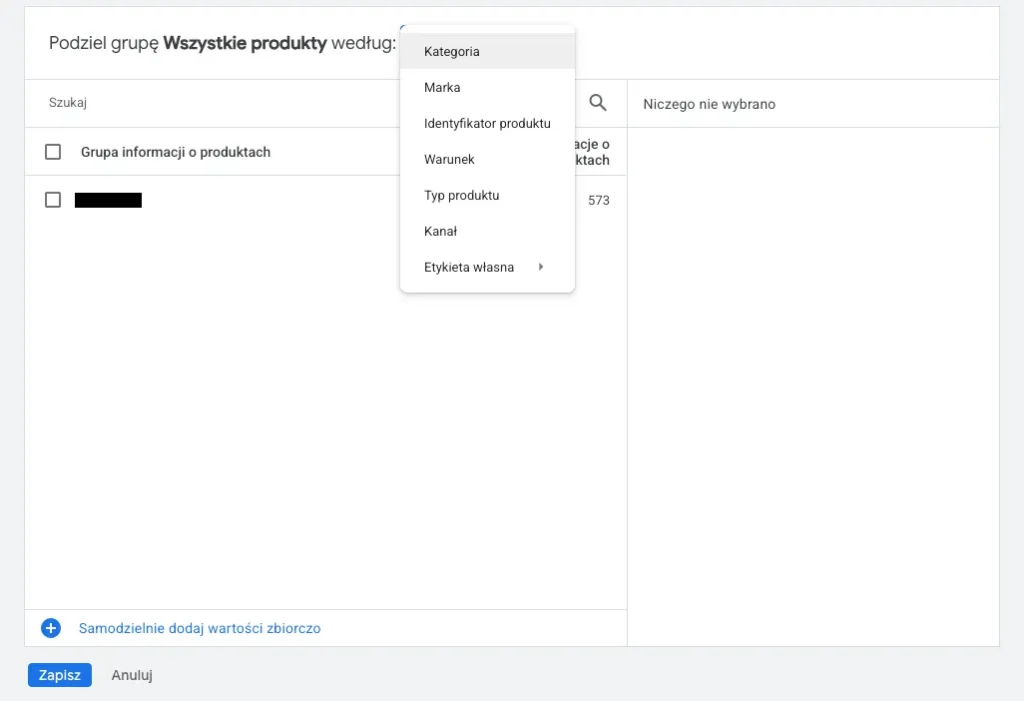 Wybór grup produktów w Google Ads