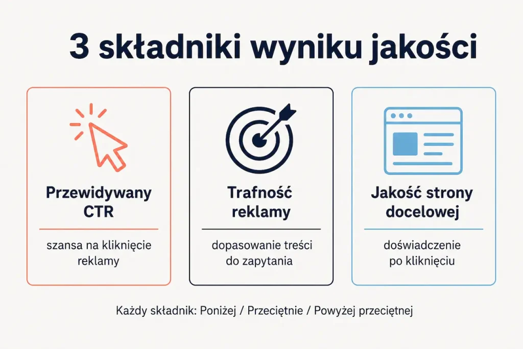 Trzy składniki wyniku jakości w Google Ads — przewidywany CTR, trafność reklamy i jakość strony docelowej