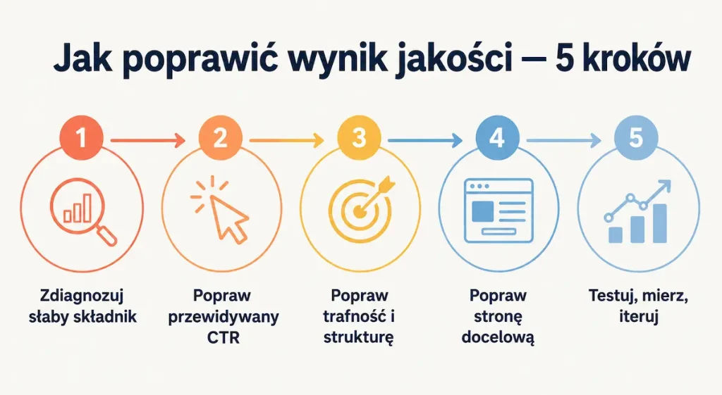 Pięć kroków poprawy wyniku jakości w Google Ads — od diagnozy słabego składnika do iteracji