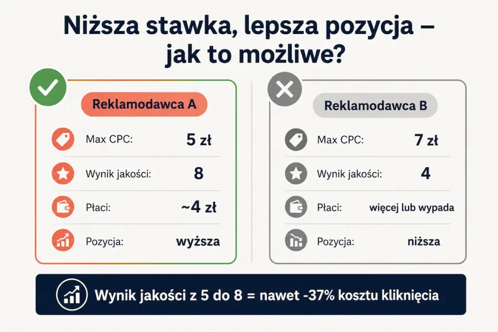 Wynik jakości a koszt kliknięcia — reklamodawca z wyższym wynikiem płaci mniej za lepszą pozycję