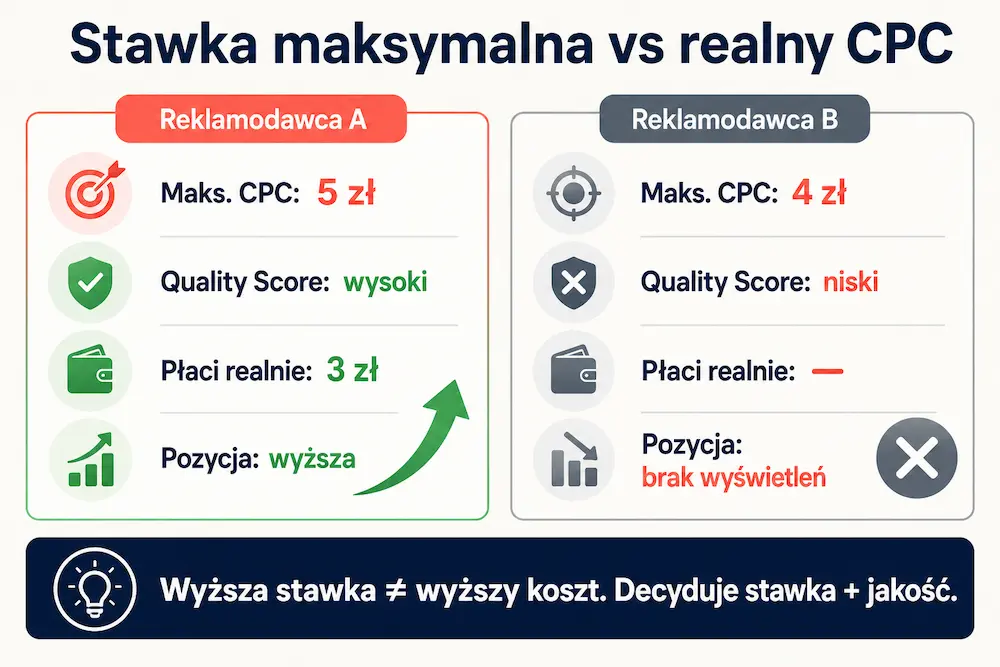 Porównanie stawki maksymalnej i realnego CPC w Google Ads — rola Quality Score w aukcji
