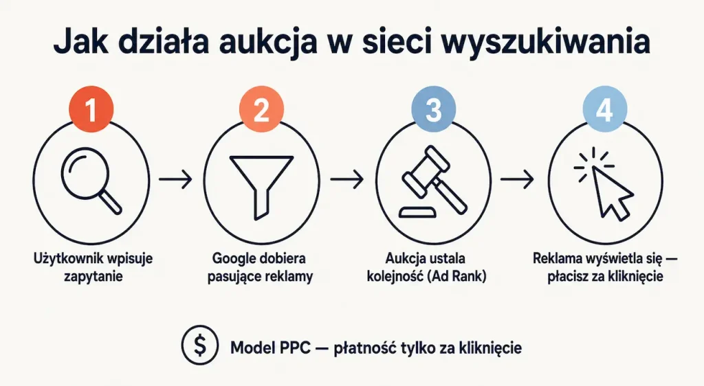 Jak działa aukcja w sieci wyszukiwania Google Ads — od zapytania użytkownika do wyświetlenia reklamy