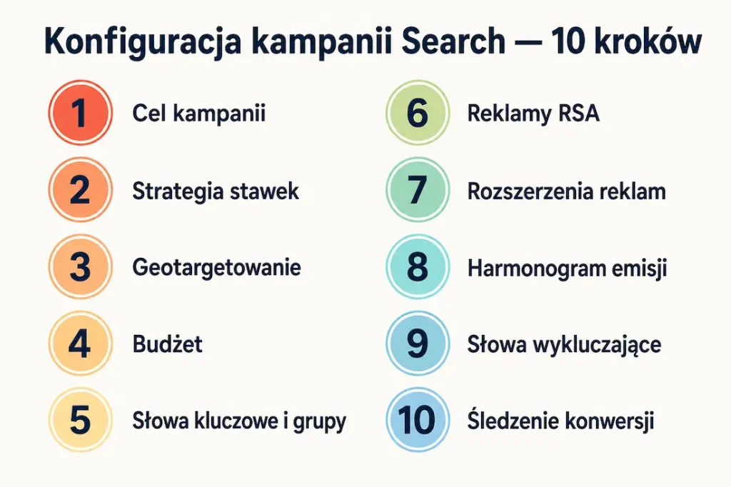 Dziesięć kroków konfiguracji kampanii w sieci wyszukiwania Google Ads — od celu po śledzenie konwersji