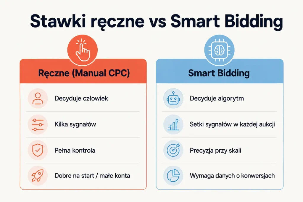 Porównanie ręcznych stawek i Smart Bidding w Google Ads — kontrola kontra skala danych