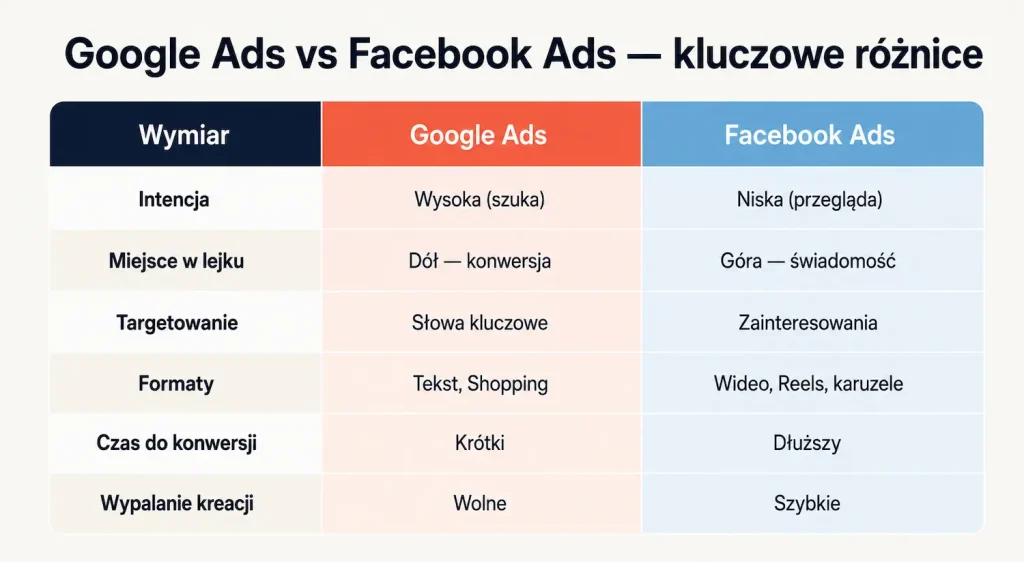 Tabela porównawcza Google Ads i Facebook Ads — intencja, lejek, targetowanie, formaty i czas konwersji