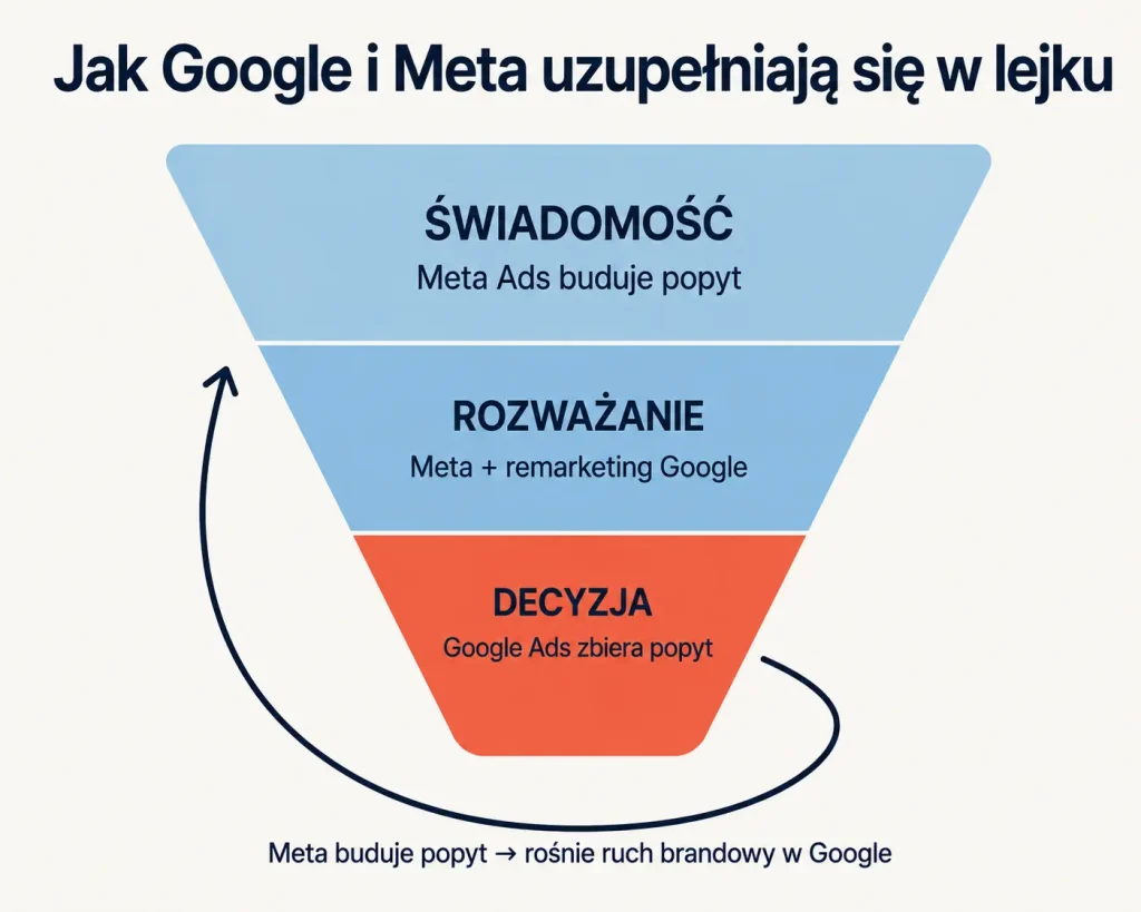 Lejek sprzedażowy z podziałem ról — Meta Ads buduje świadomość, Google Ads domyka konwersję