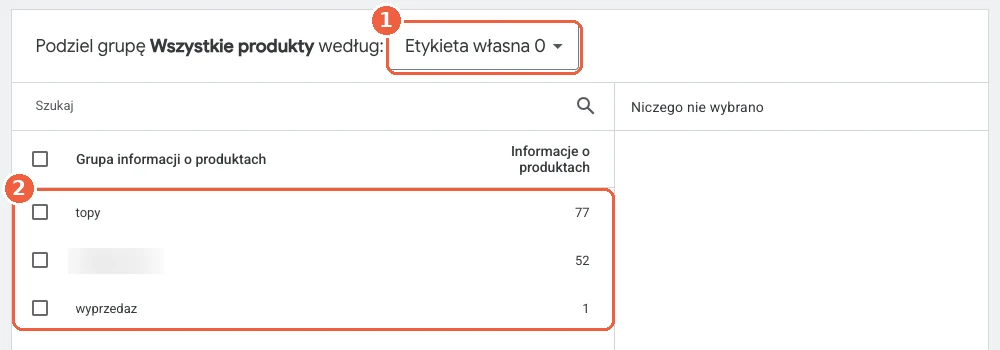 Podział grupy produktów według etykiety niestandardowej w kampanii produktowej Google Ads