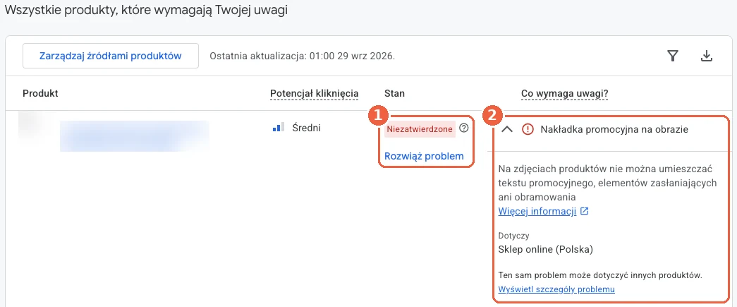 Problem z produktem w Merchant Center – nakładka promocyjna na zdjęciu