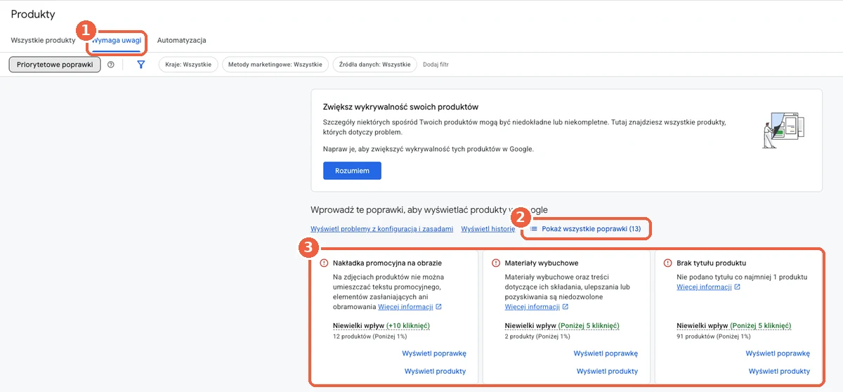 Karta Wymaga uwagi w Merchant Center – problemy z produktami w feedzie