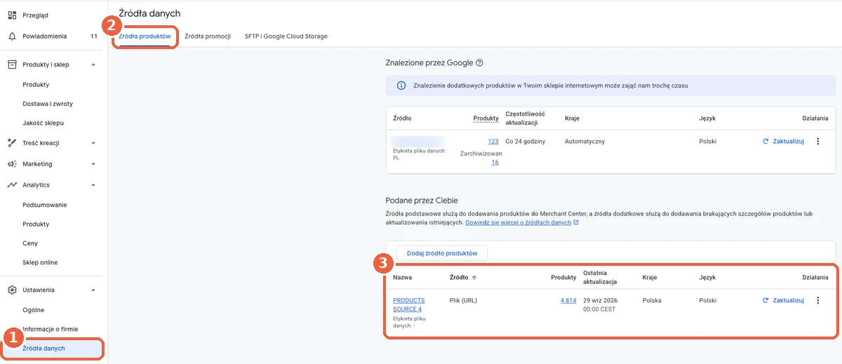 Źródła danych produktów w Google Merchant Center – karta Źródła produktów