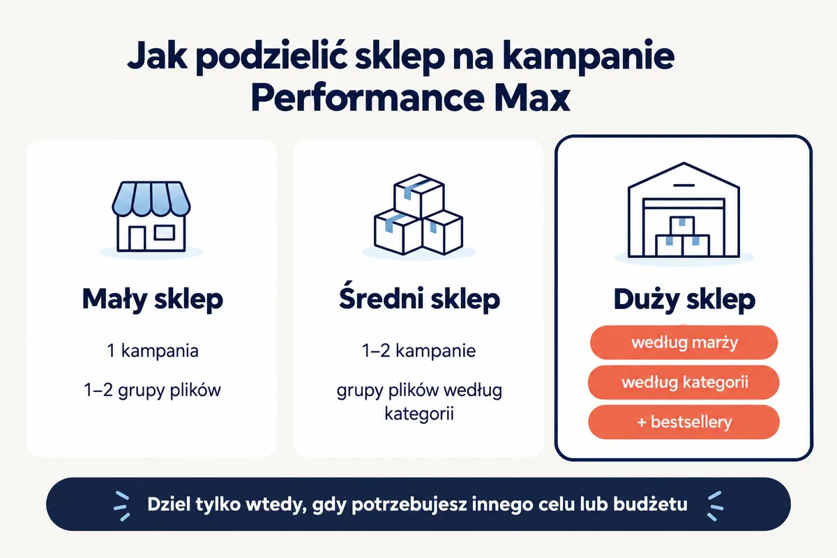 Jak podzielić sklep na kampanie Performance Max: mały sklep 1 kampania, średni 1–2 kampanie, duży według marży, kategorii i bestsellerów
