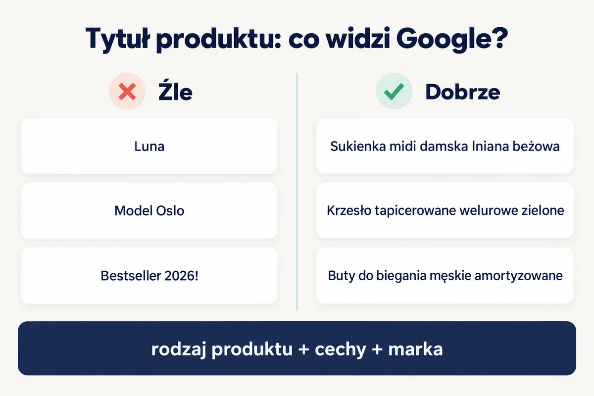 Porównanie złych i dobrych tytułów produktów w Google Merchant Center: rodzaj produktu, cechy i marka
